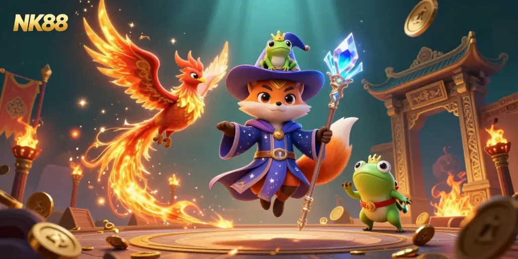 Experience the thrill of NK88's immersive online gaming with a mystical fox wizard and his fiery phoenix companion.