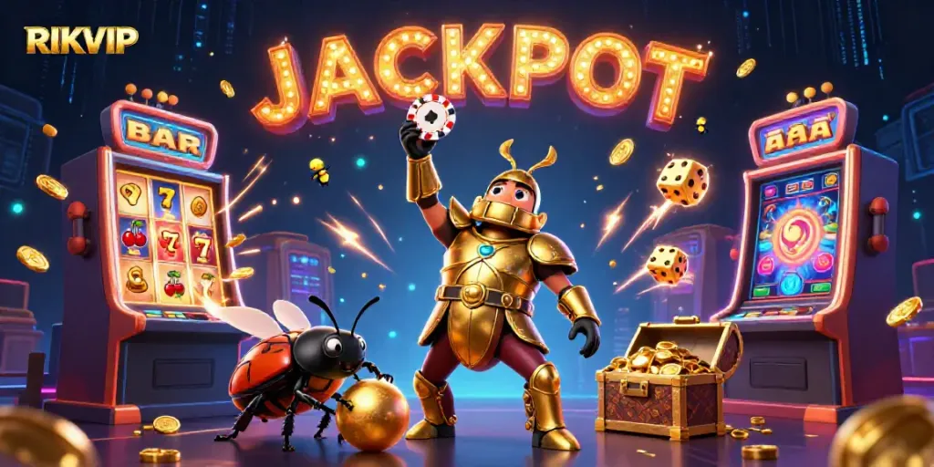 Play thrilling games at RIKVIP with vibrant characters and casino elements in an energetic scene.