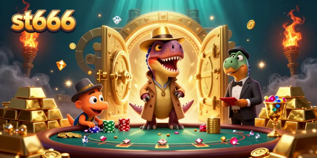 Bet on st666 with a 3D velociraptor card counter at a vibrant casino scene filled with treasures and excitement.