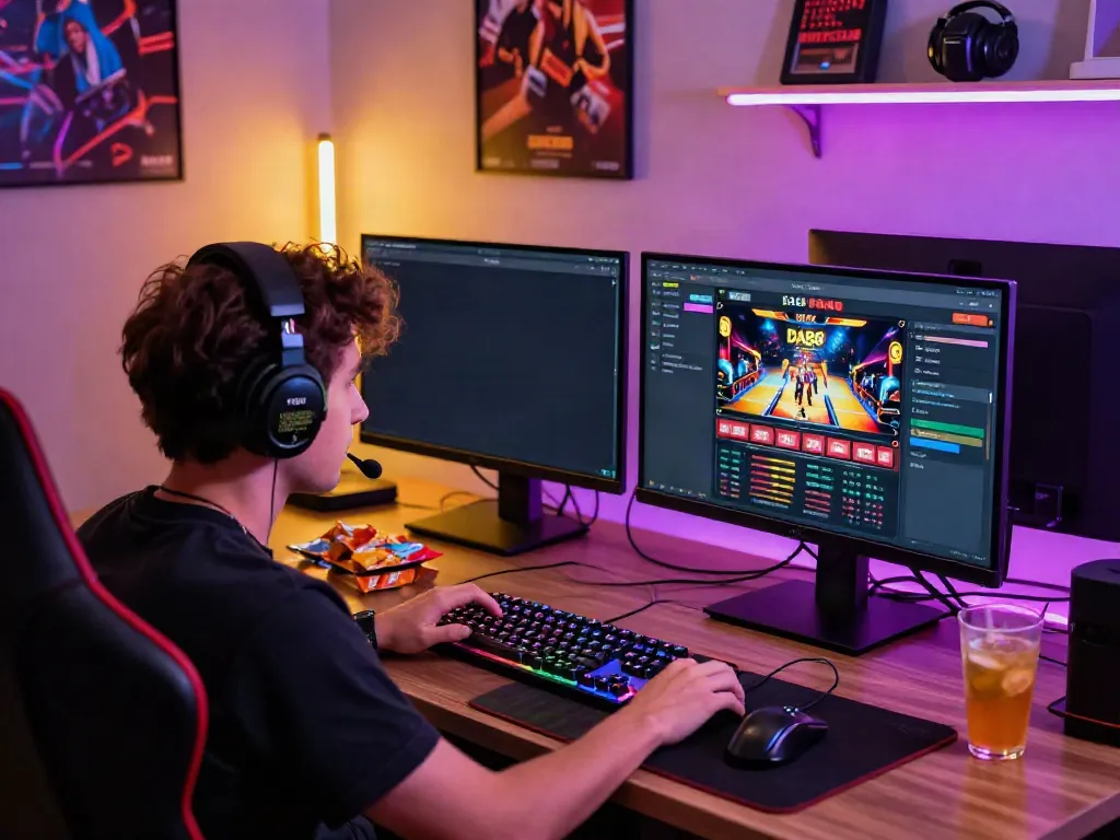 Engaged gamer at DA88 online platform setup with vibrant ambiance