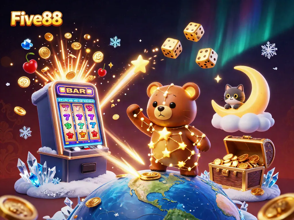 Experience the magic of Five88 with vibrant casino elements and engaging characters in a 3D illustration.