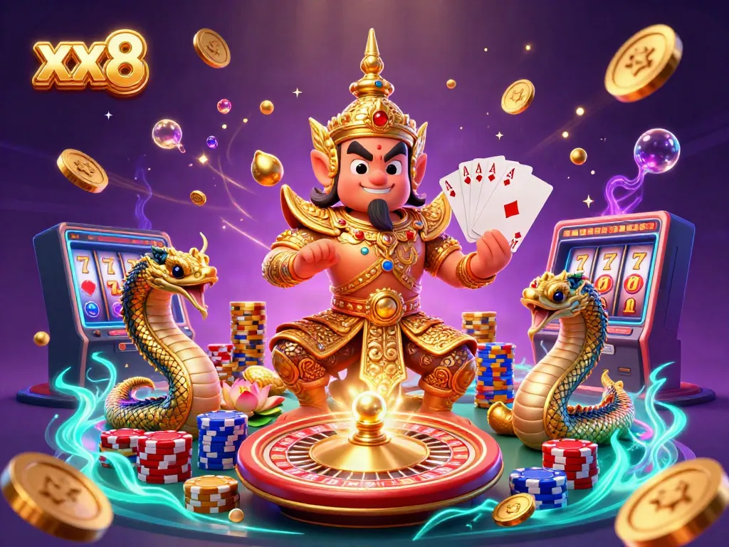 Experience the thrills of xx8 with vibrant casino games illustrated in a dynamic scene featuring a guardian and lucky elements.