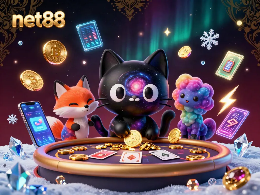 Engage with net88 at a cosmic casino featuring a black hole cat and colorful nebula fox, amidst glowing crypto elements.