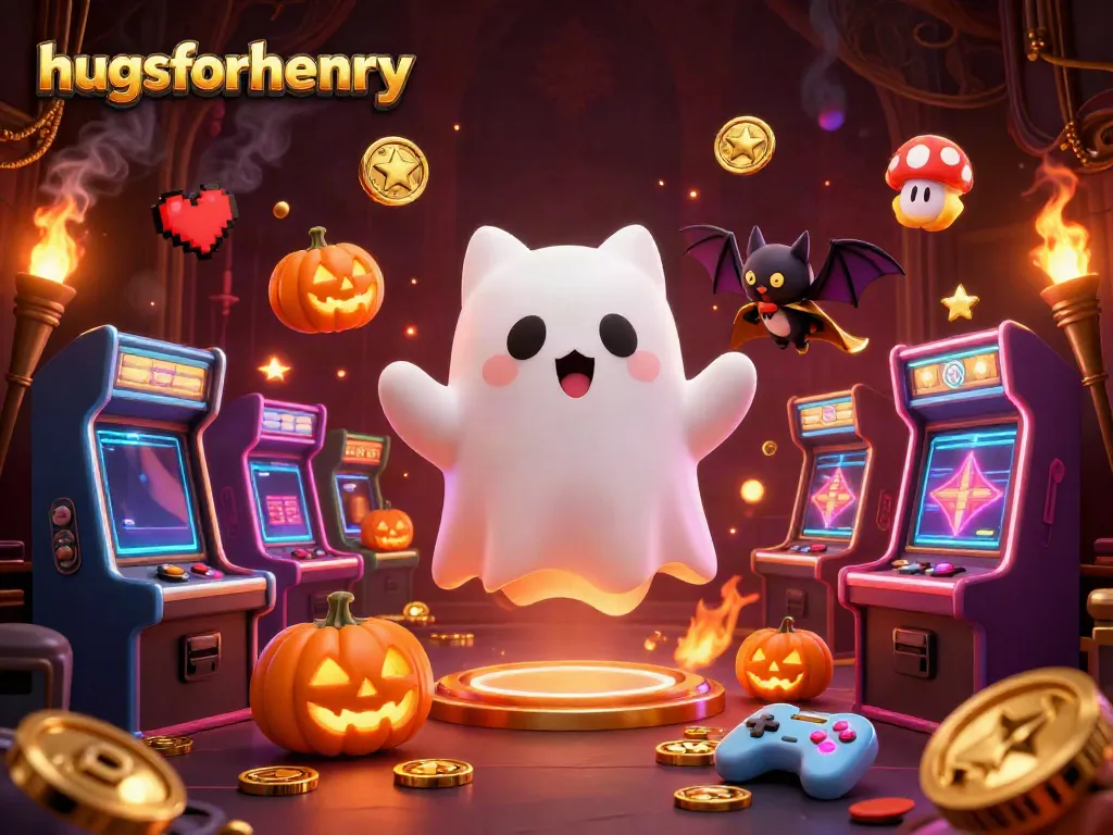 Engage with hugsforhenry in a vibrant 3D ghost cat casino scene filled with dynamic gaming elements.