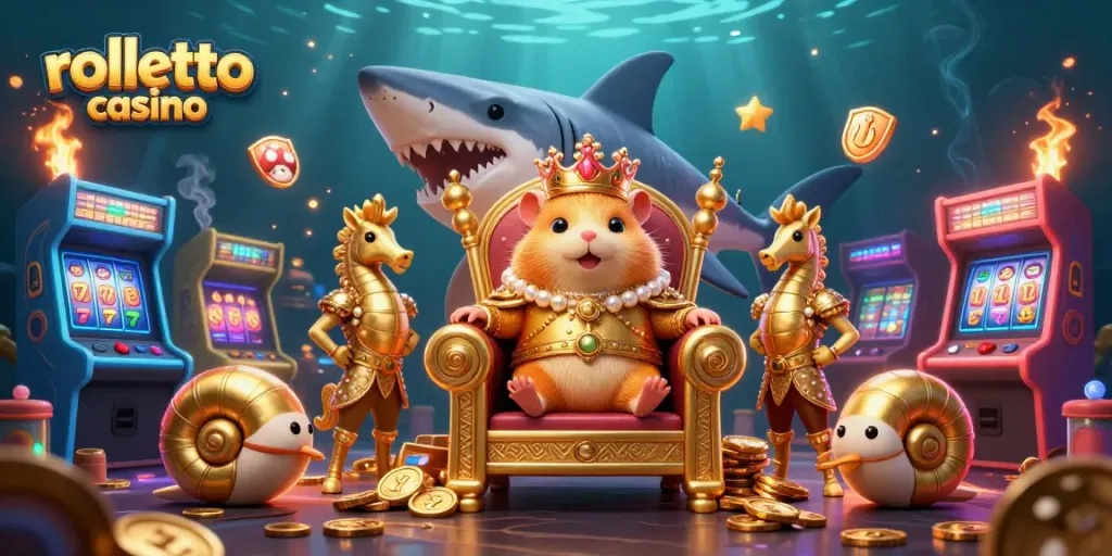 Experience the excitement of rolletto casino with a lively 3D scene featuring vibrant characters and casino game elements.