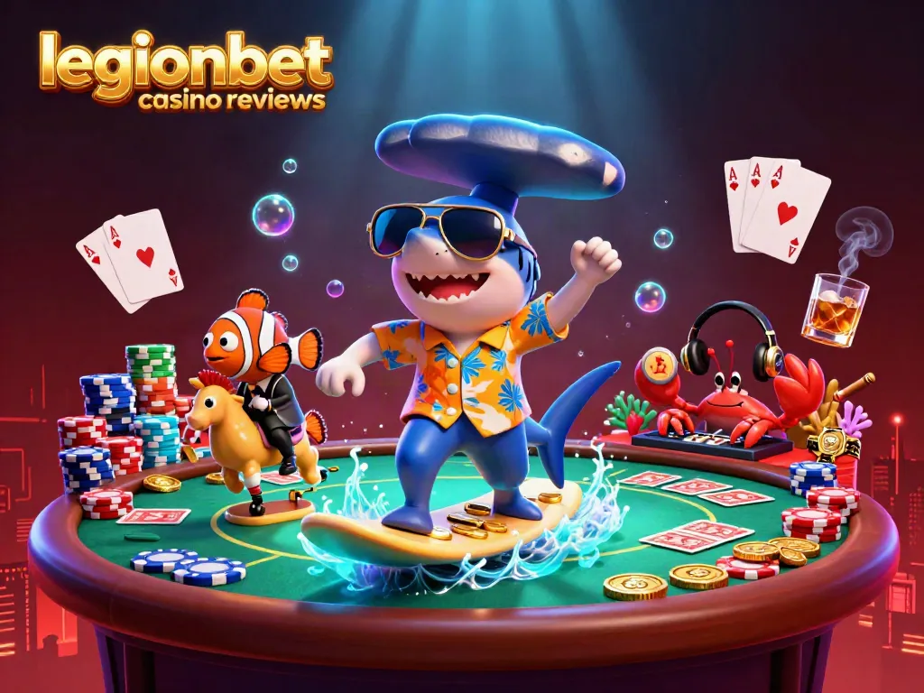 Engage with legionbet casino reviews featuring a shark and colorful sea creatures in a dynamic underwater casino scene.