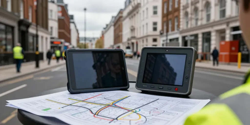 Utility Survey London professional surveying a city street using advanced equipment.