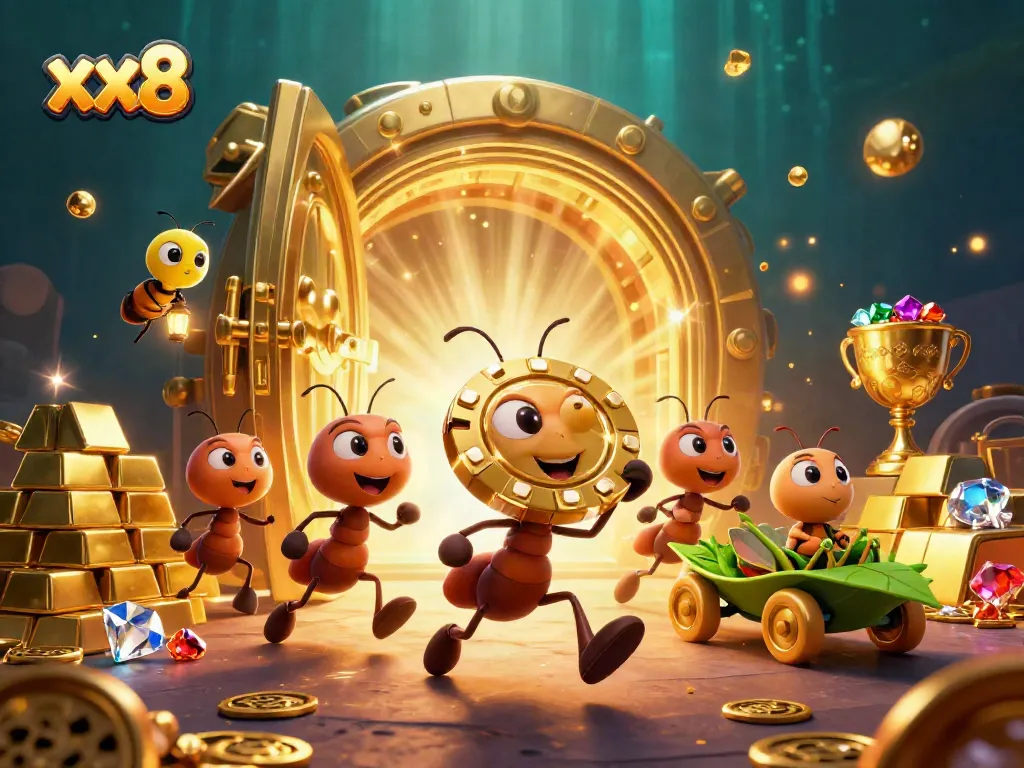 Engaging scene of ants stealing a giant poker chip amidst a treasure vault, capturing the spirit of xx8 casinos.