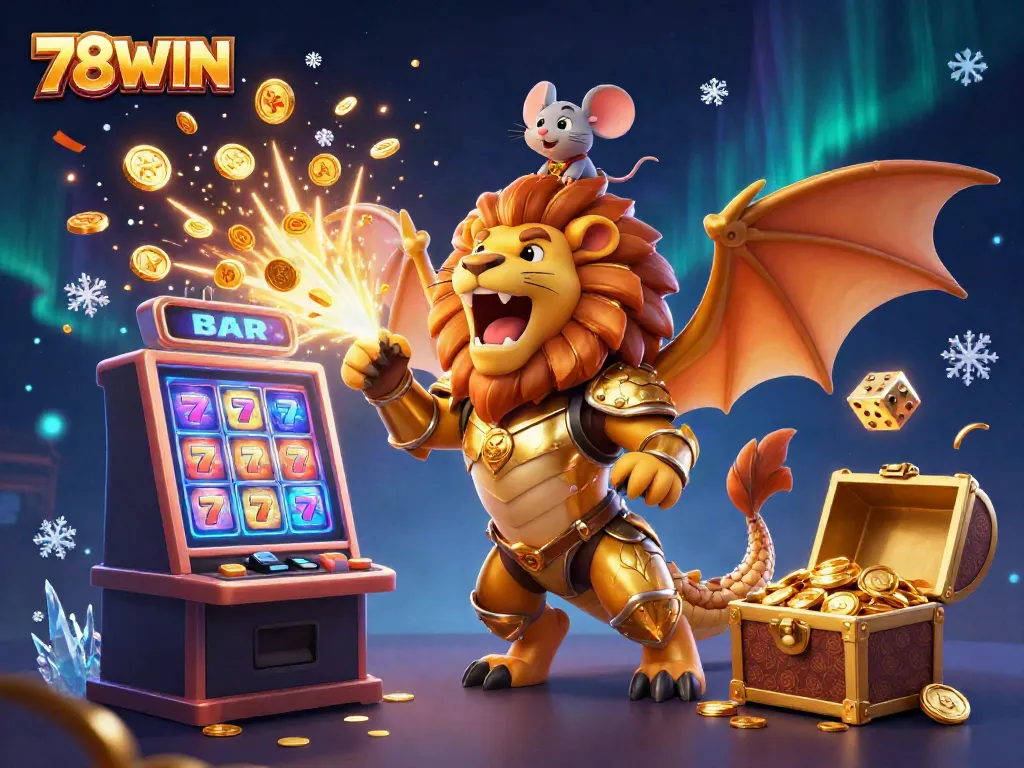 Experience thrilling jackpots at 78WIN with a vibrant 3D casino scene showcasing a chimera creature roaring, symbolizing excitement.