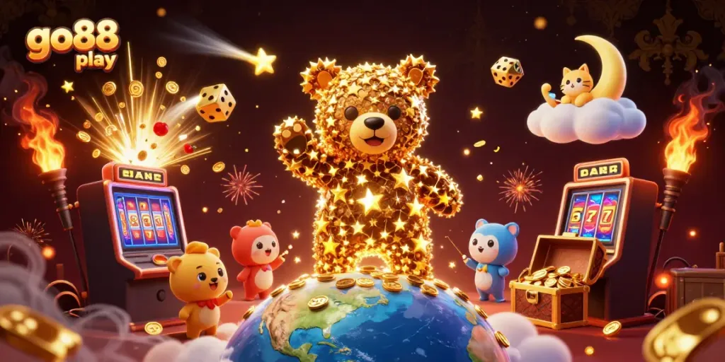 Engage with go88 play, featuring a cosmic bear and vibrant casino elements amidst golden treasures.