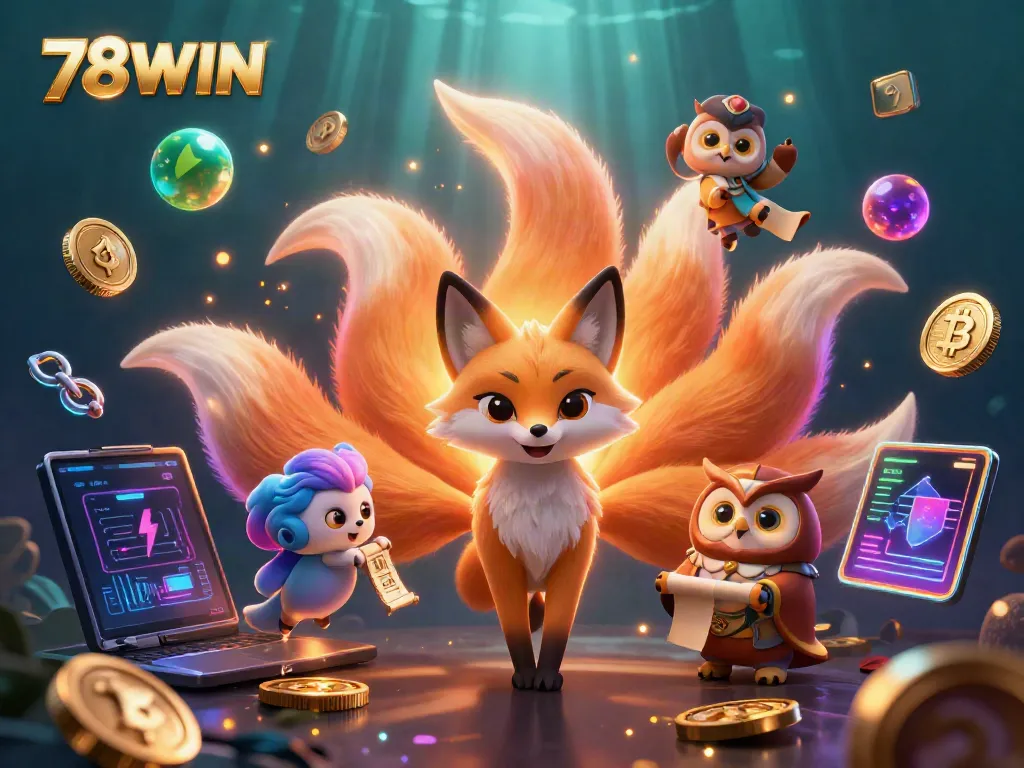 Engage with 78WIN’s vibrant gaming world featuring a mystical fox and owl amidst glowing crypto elements.
