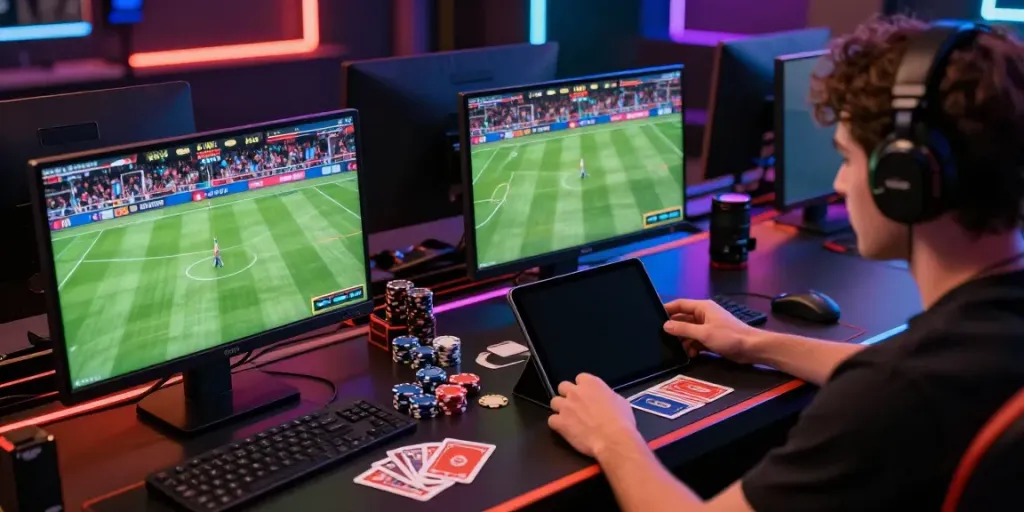 ZBET player engaged in online sports betting with vibrant visuals.