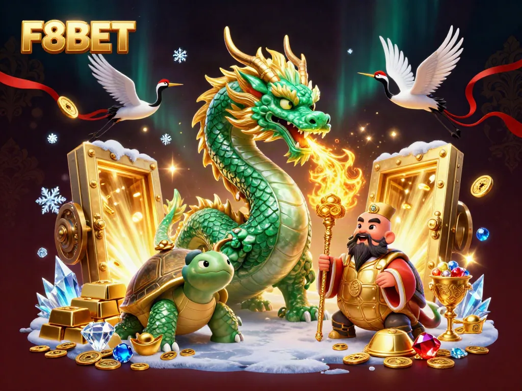 Experience thrilling gameplay with F8BET in a vibrant 3D casino illustration featuring a jade dragon and treasures.