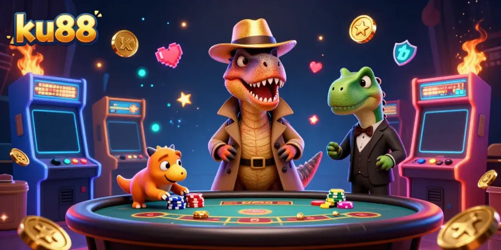 ku88 velociraptor card counter at blackjack table, colorful casino elements and characters interact.