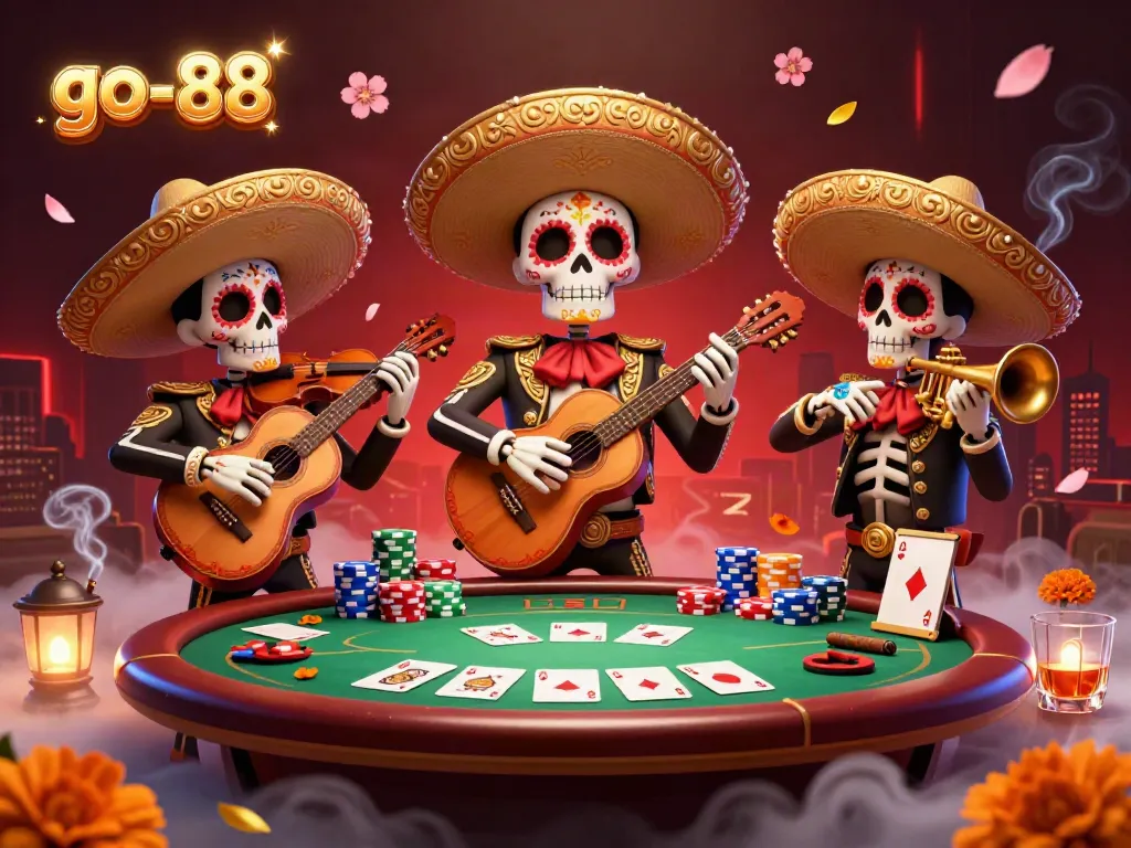 Engage in high-stakes poker action with go-88 as colorful mariachi skeletons celebrate at a vibrant casino table.