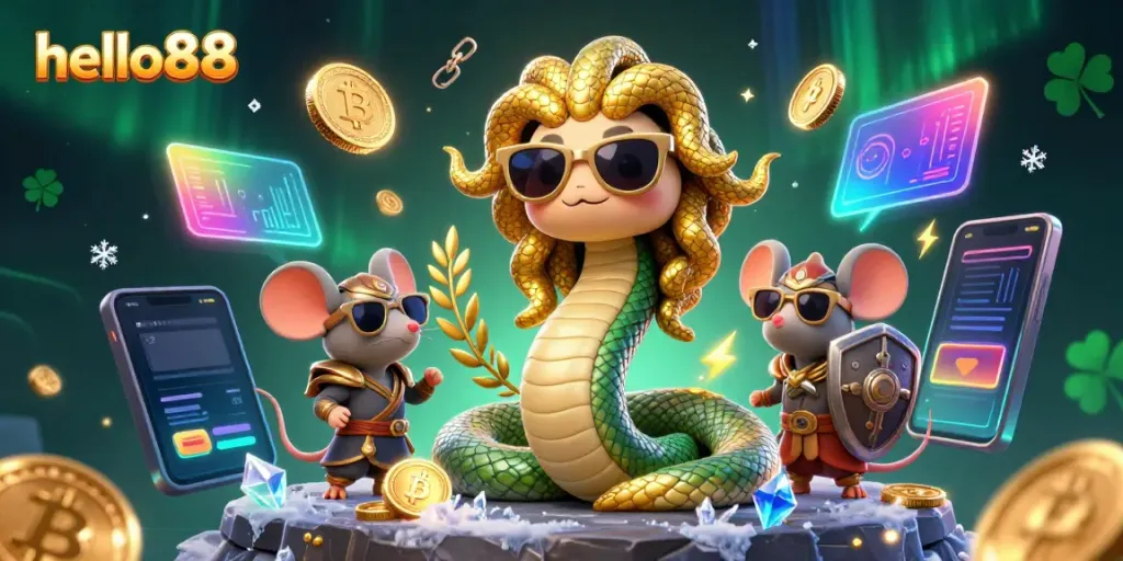 Join the excitement at hello88 with friendly Medusa and a warrior mouse in a vibrant casino scene.