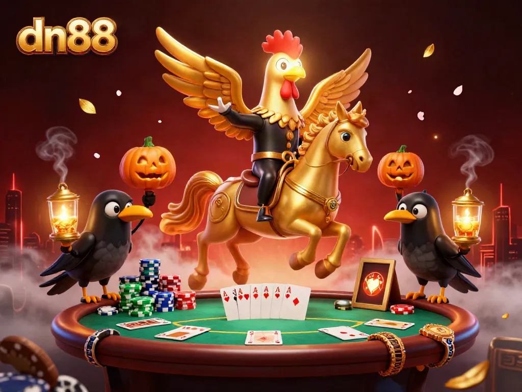 Experience thrilling game action with dn88's dazzling casino illustration featuring golden rooster and vibrant poker elements.