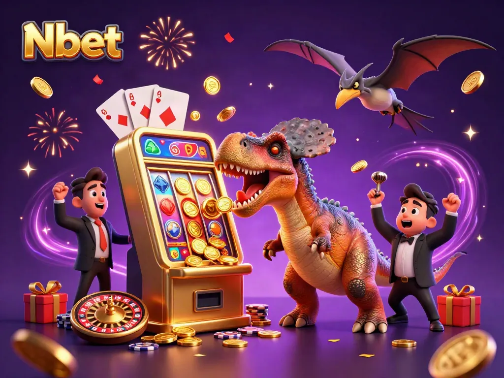 Nbet promotes a thrilling casino experience with a dynamic illustration of a dinosaur interacting with a slot machine and dynamic gaming elements.