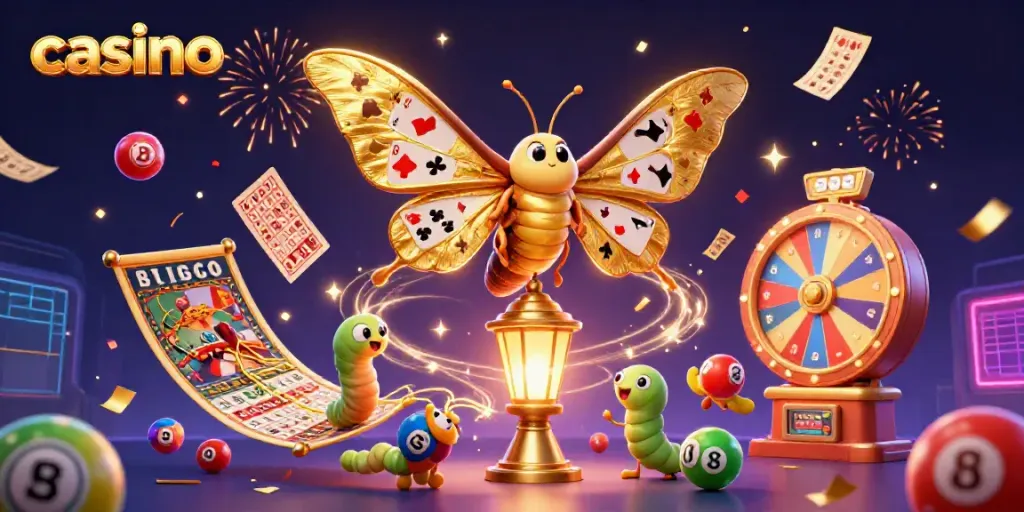 Engage with a vibrant casino scene featuring a 3D cartoon atlas moth and elements of gaming.