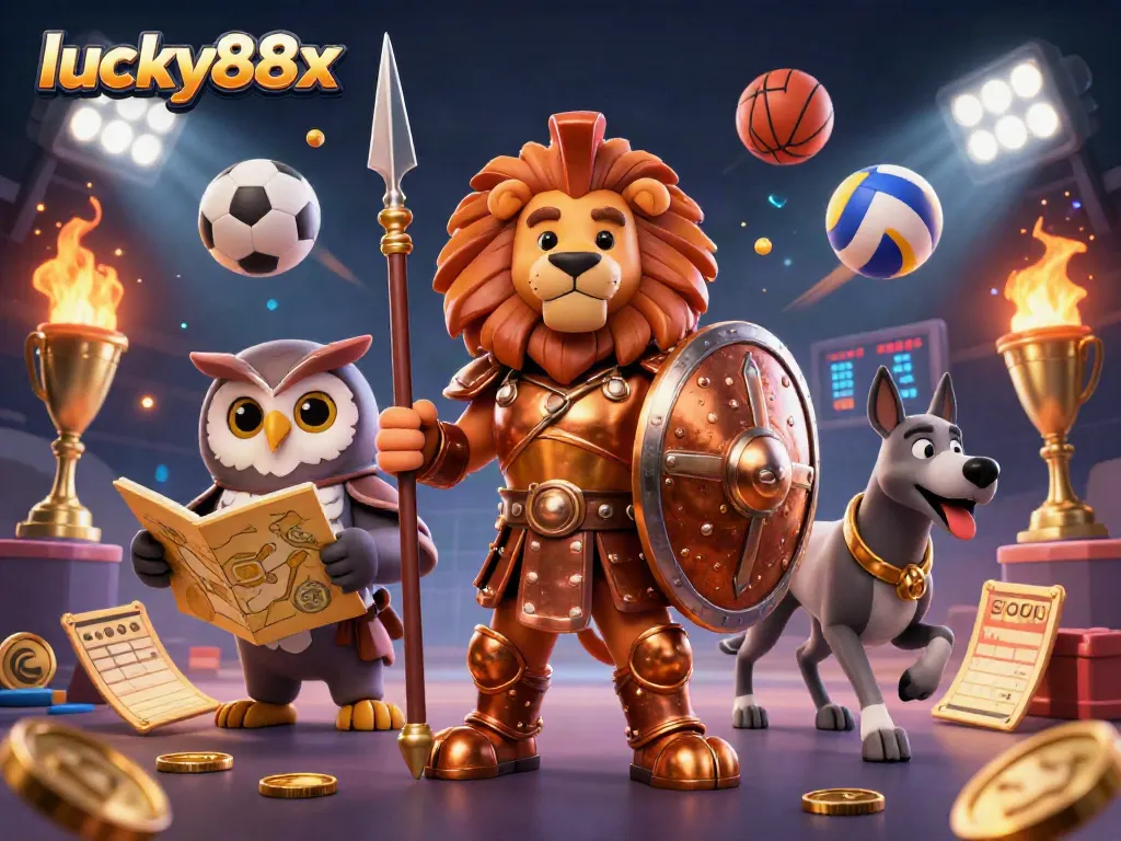 Engage in thrilling sports betting action with lucky88x, as dynamic sports balls and a courageous lion illustrate the fun.