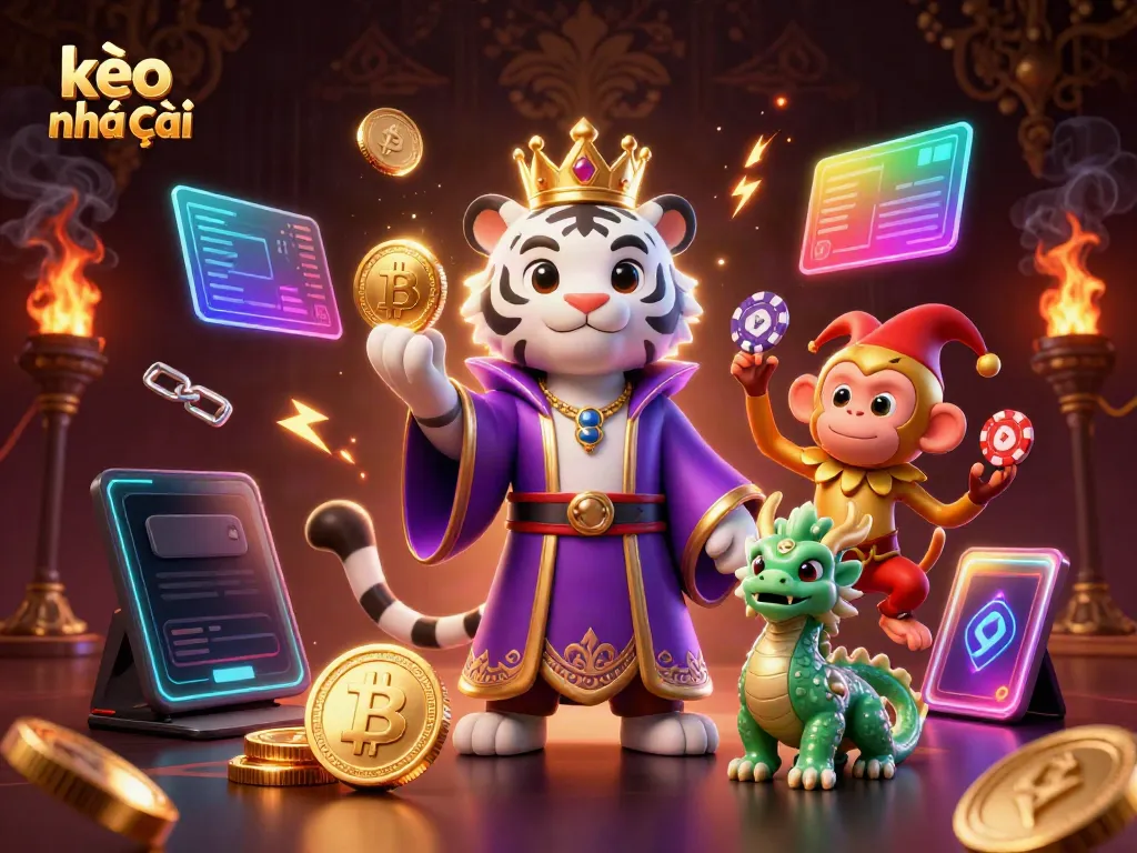 Engage with kèo nhà cái featuring a majestic white tiger, playful monkey, and jade dragon in a vibrant gambling scene.