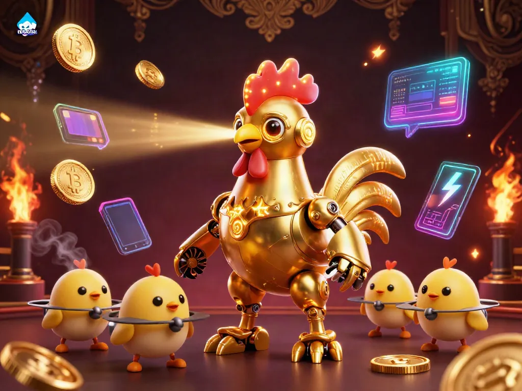 Engage with tài xỉu online featuring a golden rooster robot and baby chick drones in a vibrant casino scene.