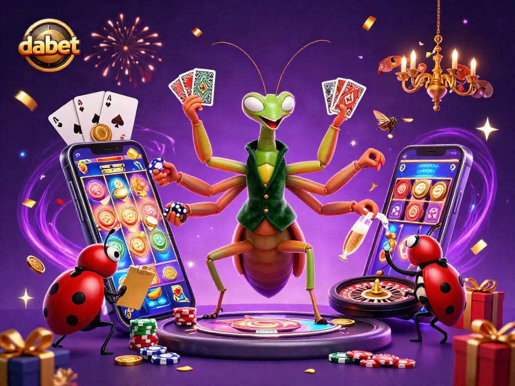 Watch the dabet game unfold with a creative 3D scene featuring a praying mantis card sharp and lively characters.