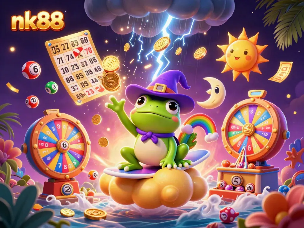 Win big with nk88 as the wizard frog conjures coins in a vibrant casino scene.