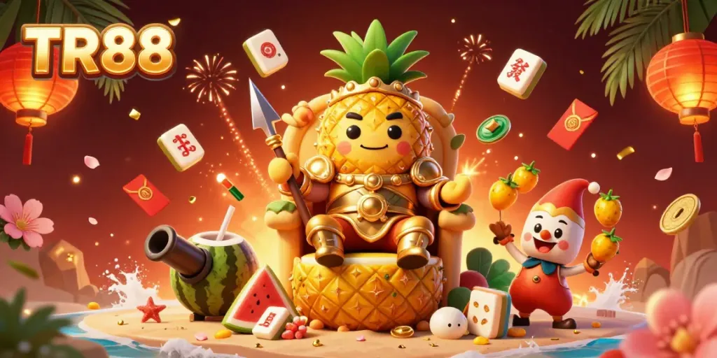 Experience TR88's thrilling online casino adventure with our vibrant 3D illustration featuring the pineapple king and dynamic elements.