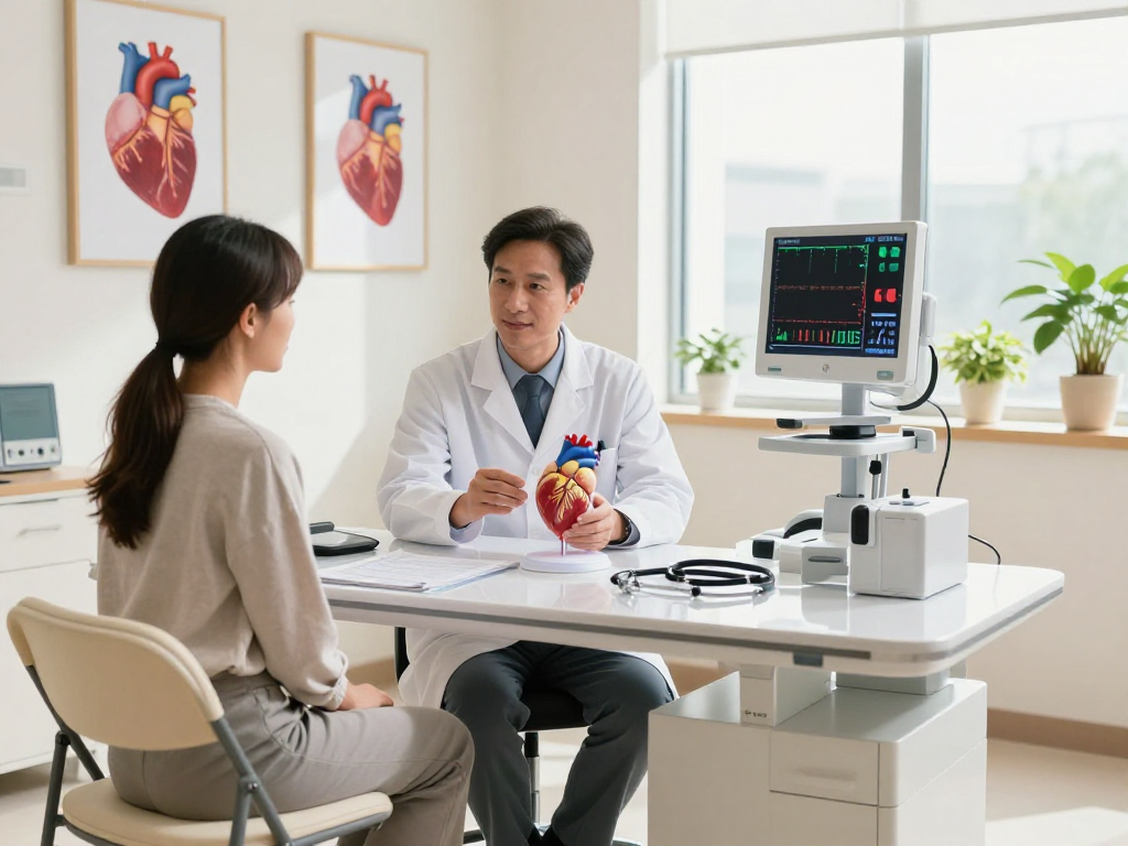 Cardiology and vascular care consultation setting with doctor and patient discussing health, featuring heart model and modern equipment.