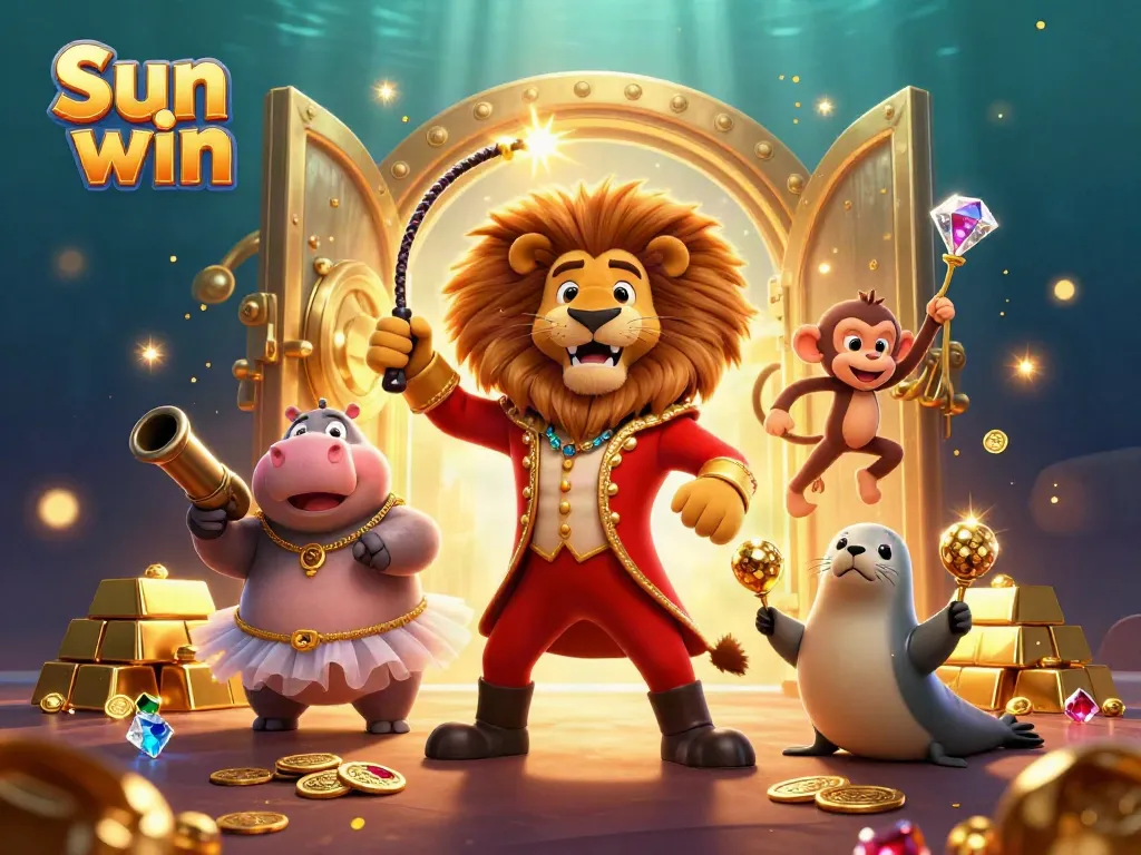 Experience the thrill of Sun win casino with vibrant characters and dazzling treasures in this 3D illustration.