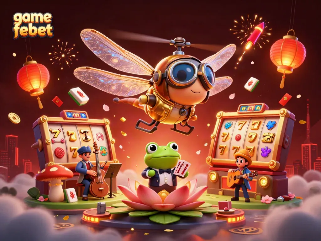 Play exciting game febet with a colorful 3D casino scene featuring dragonfly pilots and lively characters.