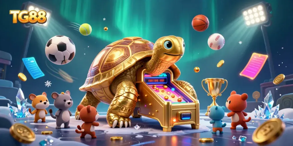 Experience the excitement of TG88 with a vibrant 3D illustration of a golden tortoise pinball machine amidst flying sports balls and dynamic action.