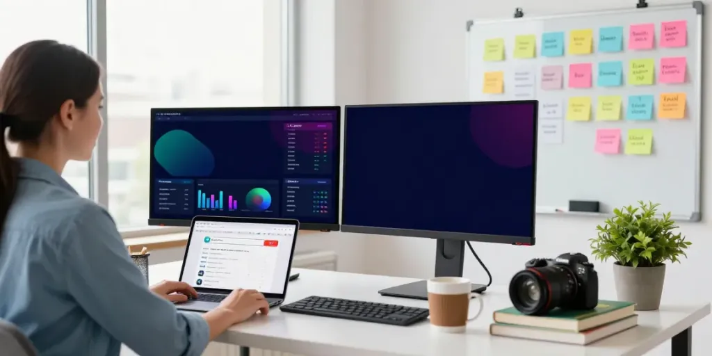 Marketing strategist analyzing instant indexing tools in a bright workspace.