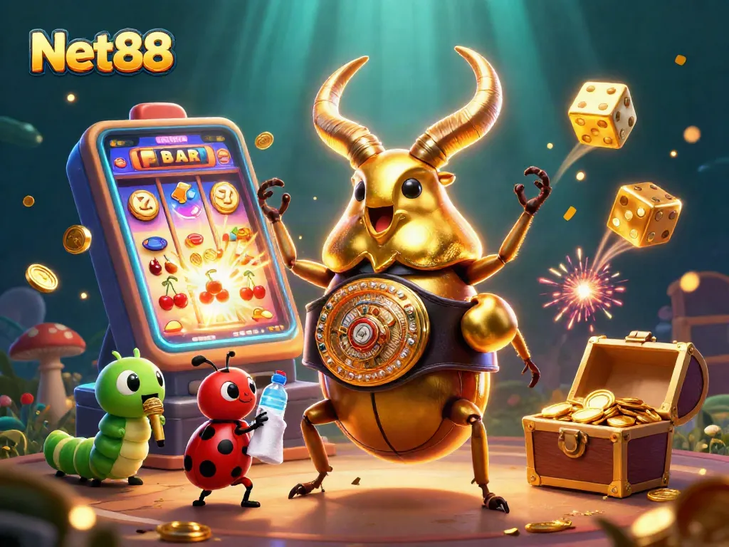 Bet on excitement with Net88 featuring a golden stag beetle boxing match amidst bursting casino elements.