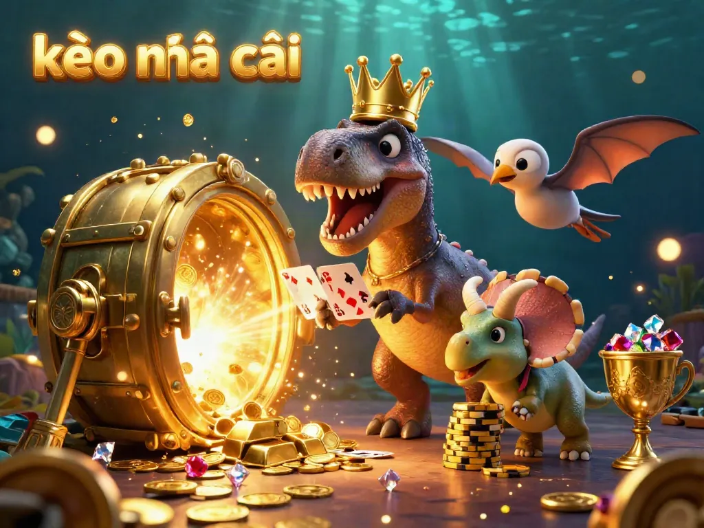 Engage with the vibrant kèo nhà cái scene featuring a friendly T-Rex shuffling cards, enhancing your betting strategies.