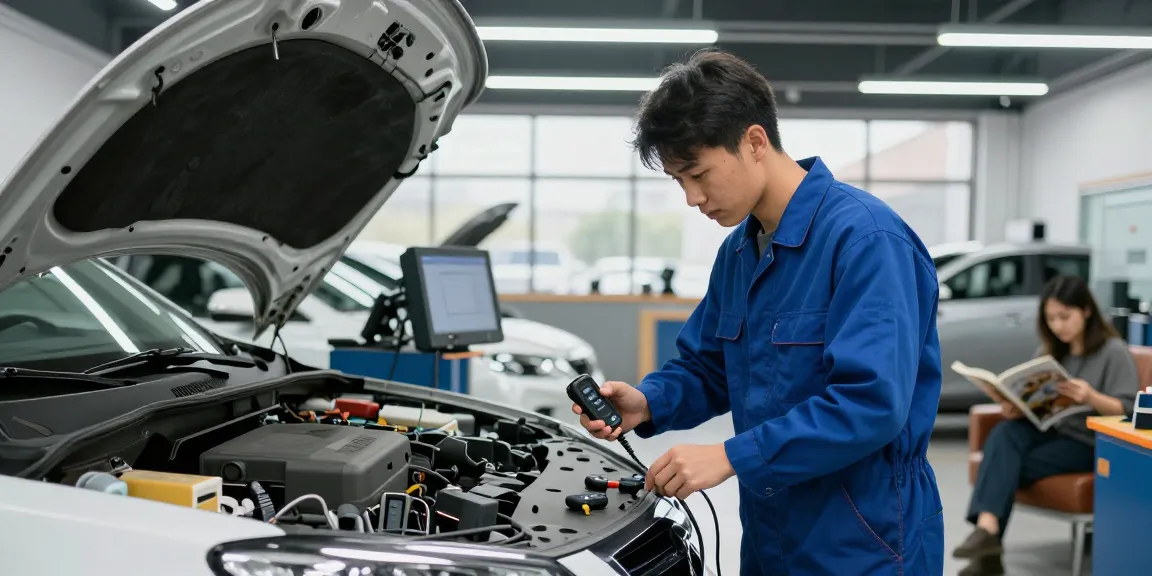 Car Key Programming Raleigh - Automotive technician programming car keys with precision in a modern repair shop.