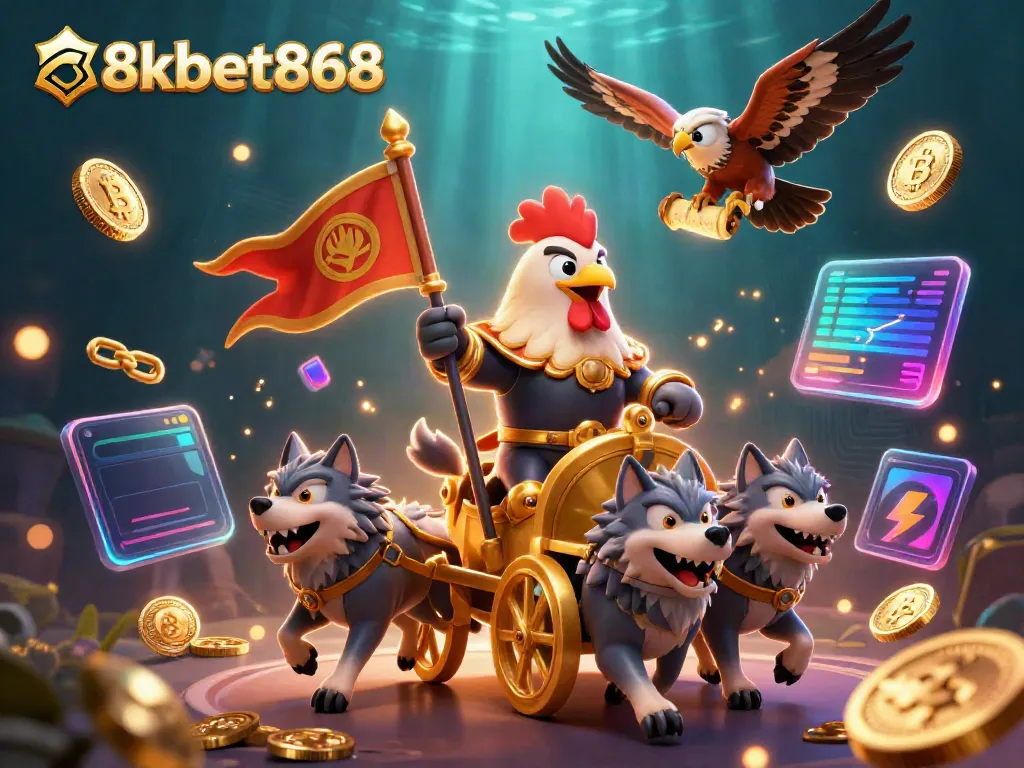 Engage with 8xbet868's thrilling gaming world featuring a rooster warlord and crypto elements.