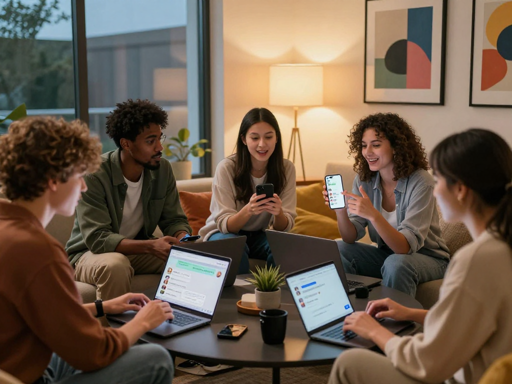 Engaged young adults discussing nsfw ai chat applications in a cozy environment.