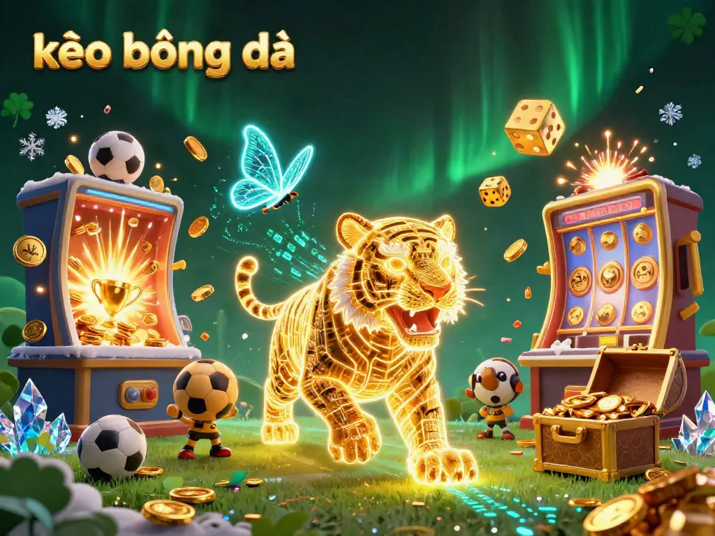 Experience the thrill of kèo bóng đá with a vibrant digital casino scene featuring a golden tiger and sports elements.