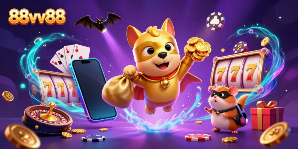 Experience the thrill of gaming with 88vv88 as the superhero dog soars above a vibrant casino scene.