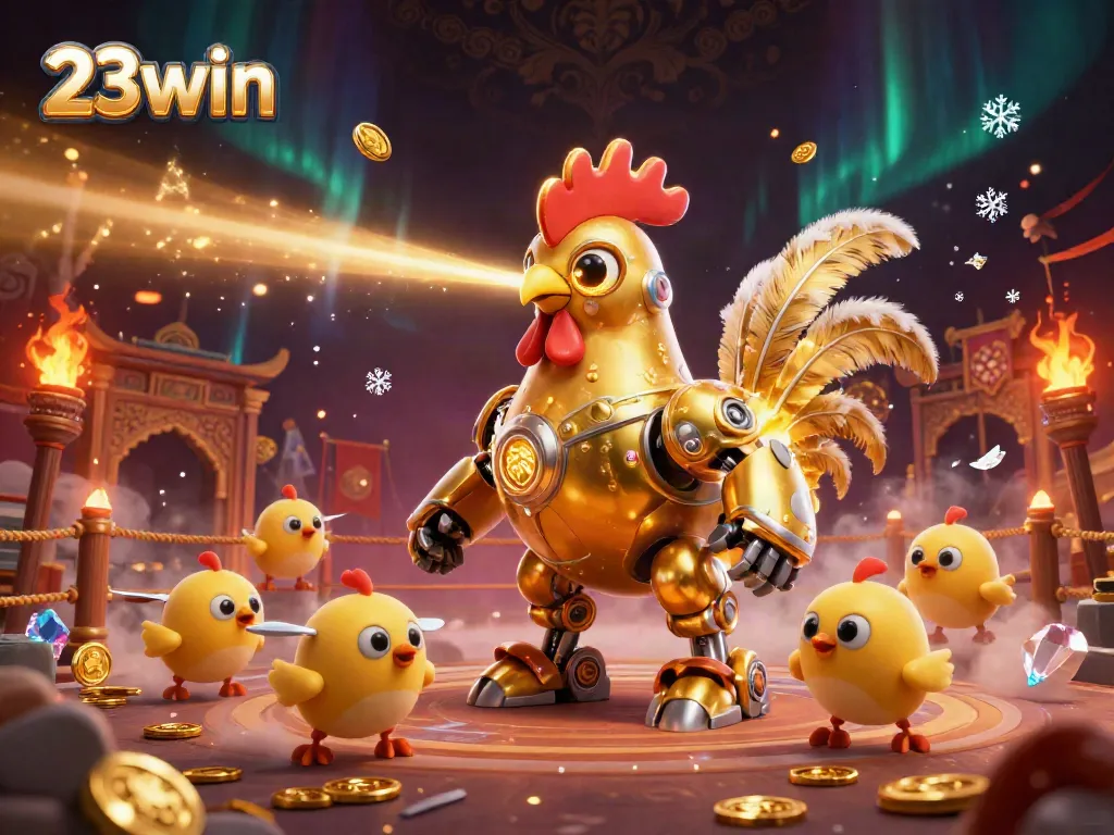Engage in thrilling 23win gaming with a dynamic 3D illustration showcasing a golden rooster robot and baby chick drones in an exhilarating casino arena.
