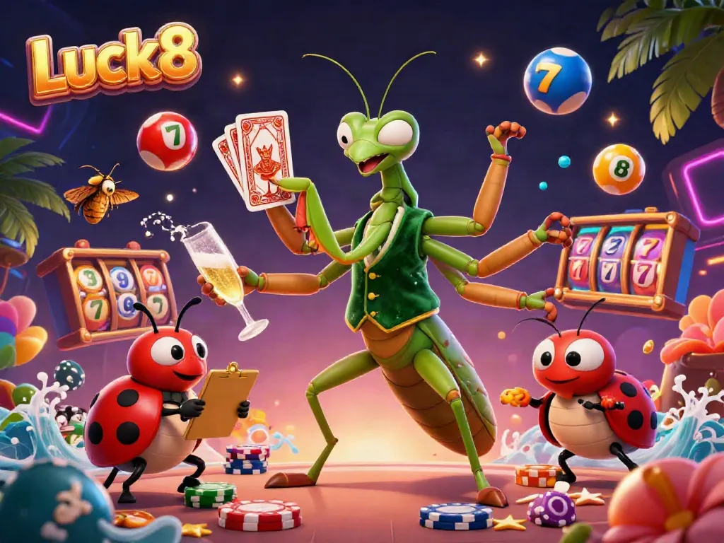 Luck8 features a giant praying mantis card sharp under vibrant casino elements, showcasing dynamic gaming excitement.