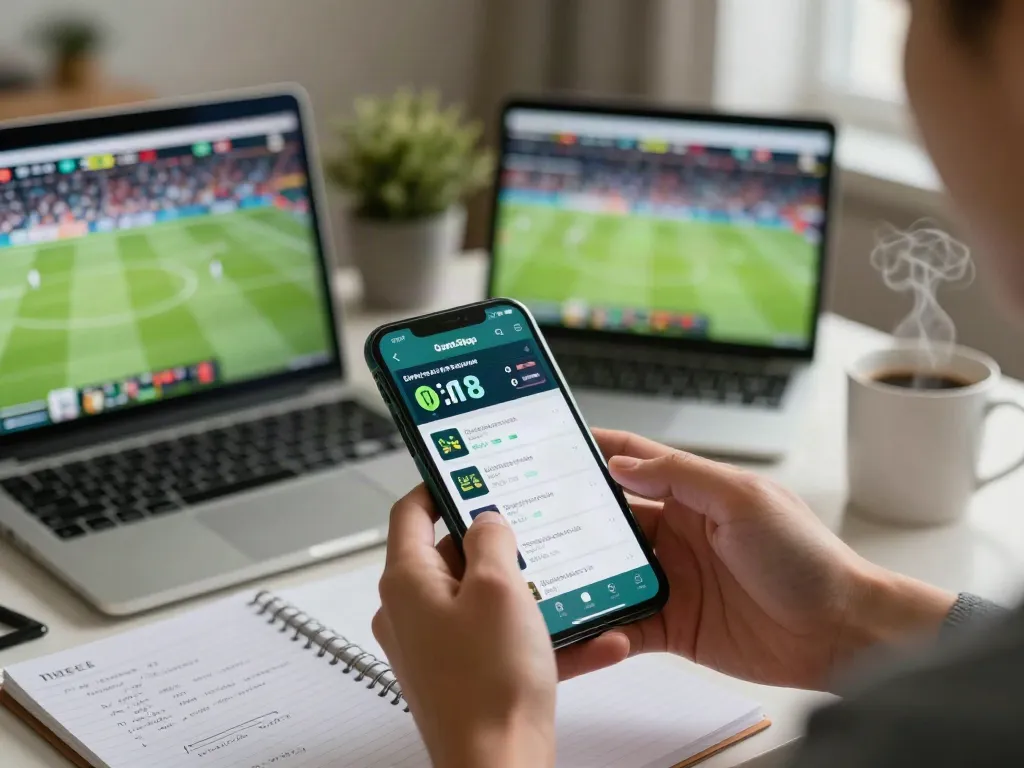 Engaging with betting sites not on GamStop through a smartphone in a cozy home office.