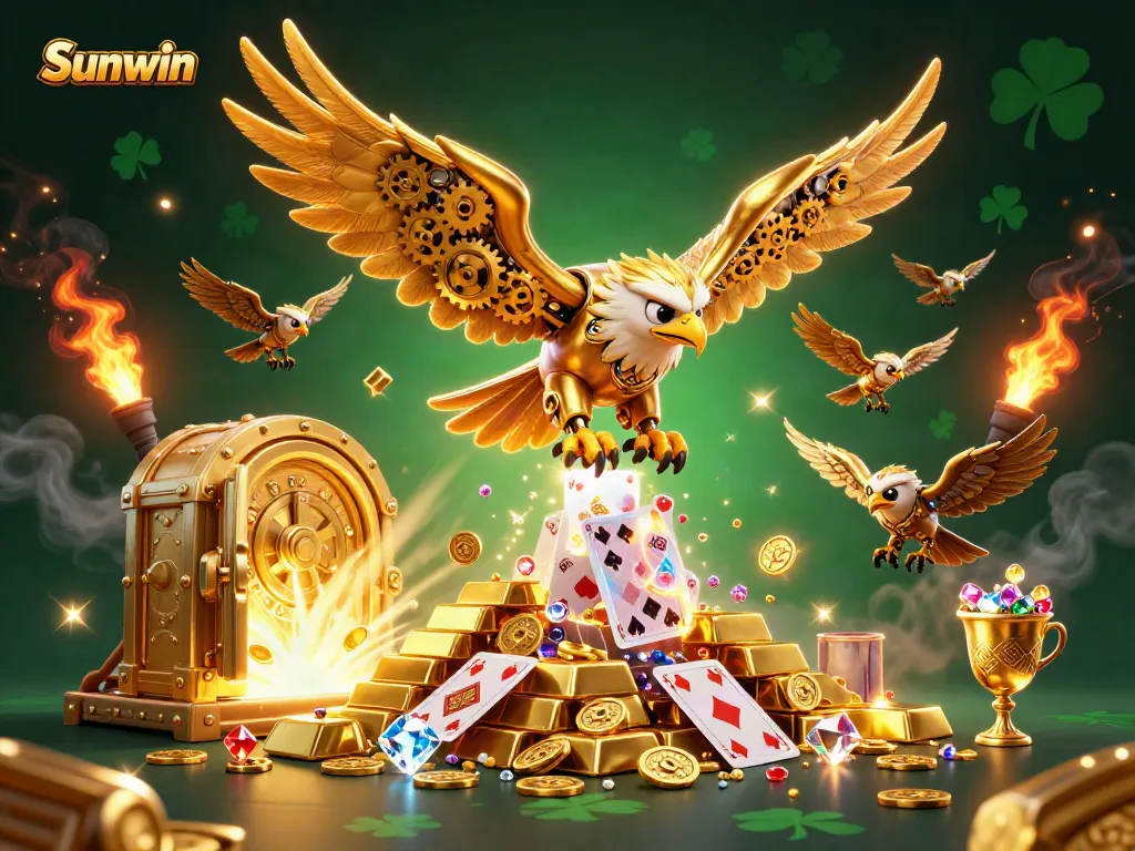 Experience Sunwin with a vibrant scene of a majestic golden eagle diving through playing cards amidst treasure.