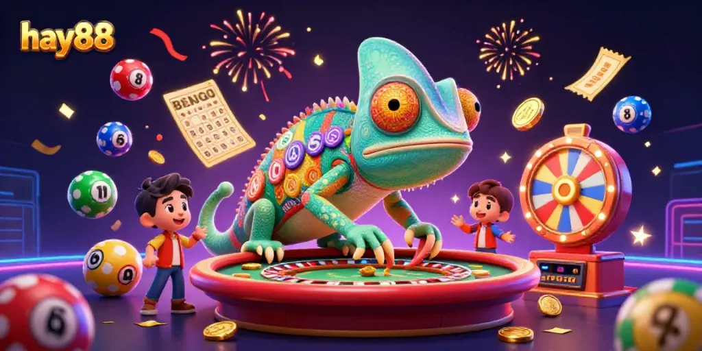 Catch the action at hay88 with the colorful chameleon casino owner amidst confetti and vibrant game elements!