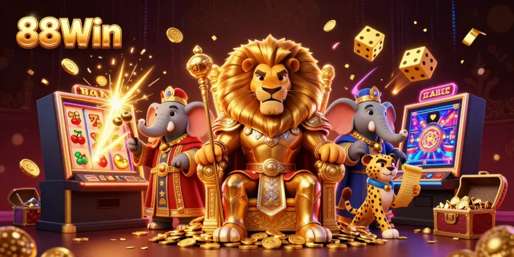Experience the 88Win action with a lion king on a gold throne amidst a jackpot explosion.