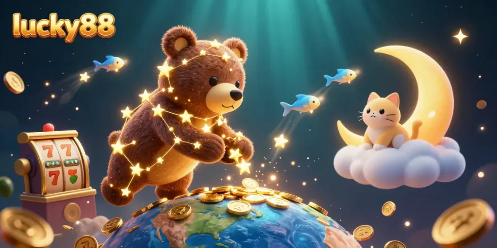 Spin to win big at lucky88 with vibrant casino elements and a stellar bear.