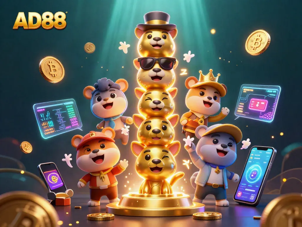 Engage with AD88's colorful totem casino experience featuring cryptocurrency elements.