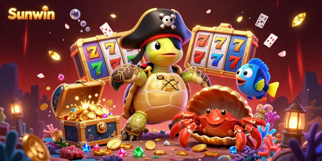 Experience the vibrant world of Sunwin with a playful casino-themed underwater adventure featuring whimsical characters and golden treasures.